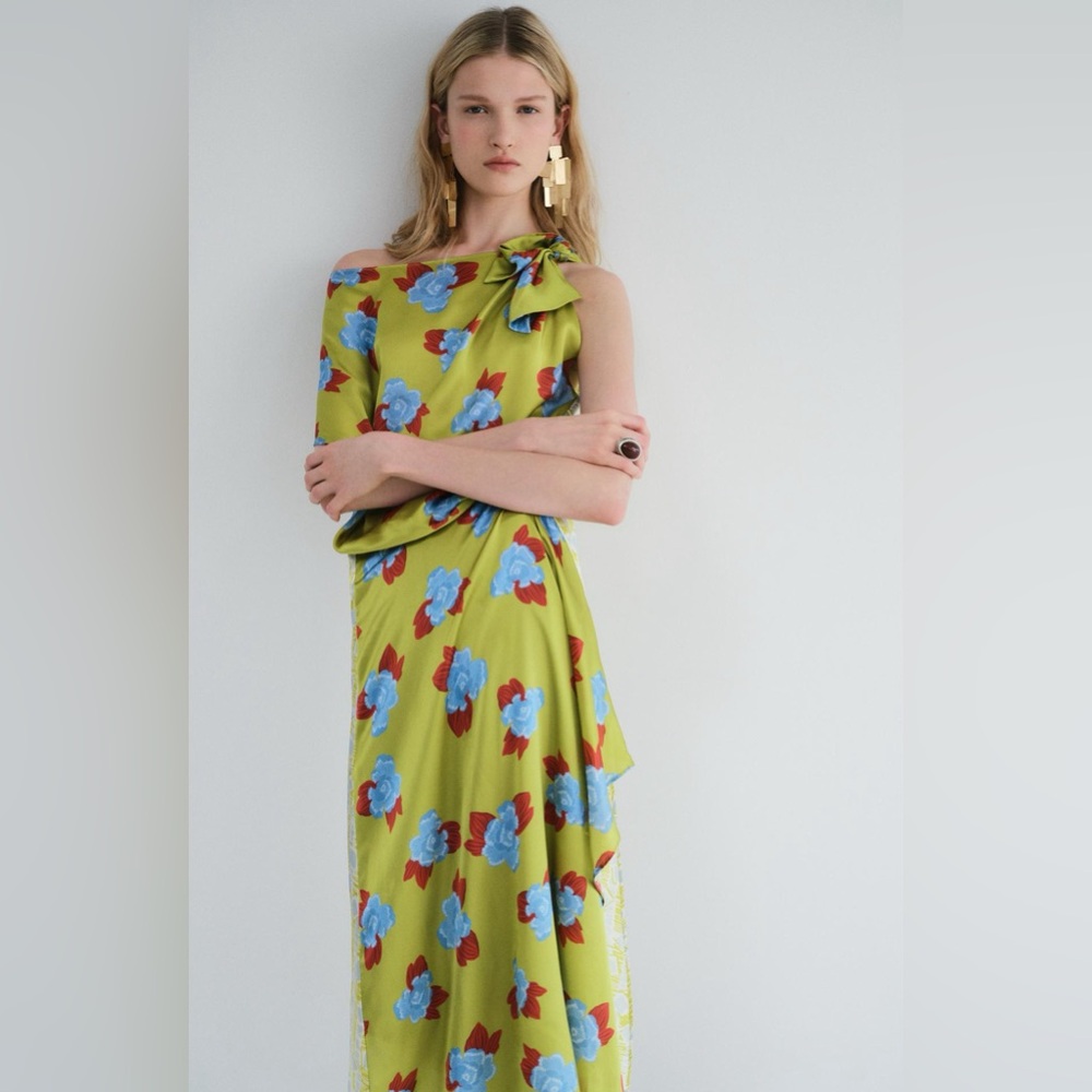 Zara Green Satin Floral Dress